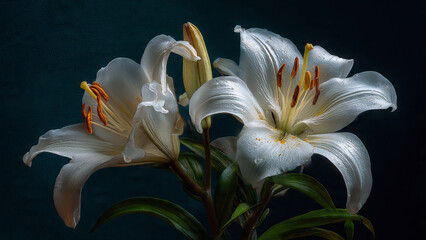white lilies on dark background 
