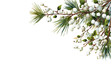 Winter Pine Branch with White Snowberries on Clean Serene Background