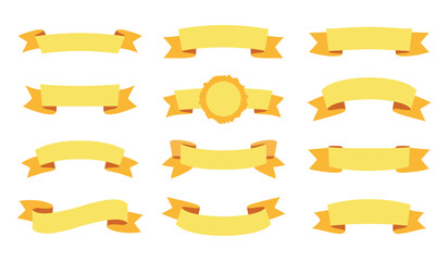 Set of yellow ribbon banners and badge isolated on white background. Bright decorative elements ideal for labels, price tags, sales promotions, awards, branding, posters, and modern graphic design