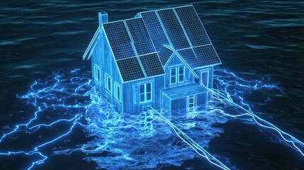 Blue solar house in water, with electrical energy surging all around it
