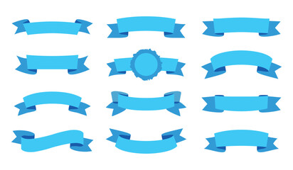 Set of blue ribbon banners and badge isolated on white background. Clean decorative elements ideal for labels, certificates, promotions, awards, branding, web banners, and modern graphic design