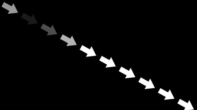 Abstract directional arrow bouncing rightward against a stark three dimensional swipe slide right animation on a black background. animation.