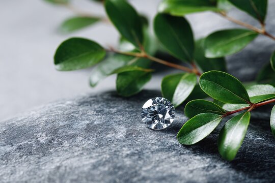 A round lab-grown diamond sits on textured stone, surrounded by green leaves