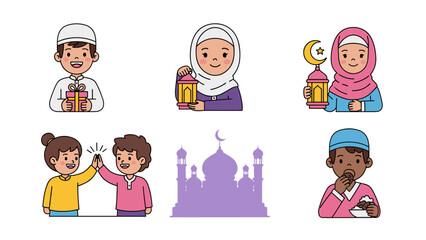 Fototapeta premium Eid mubarak vector with muslim kids. Happy Eid Mubarak. Muslim Kid Celebrating Eid Mubarak. religious holiday is celebrated by Muslims, Islamic holidays Greeting card. Eid Mubarak Urdu Calligraphy.