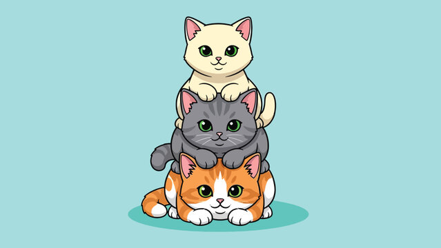 Adorable cartoon cats stacked in a playful pyramid.