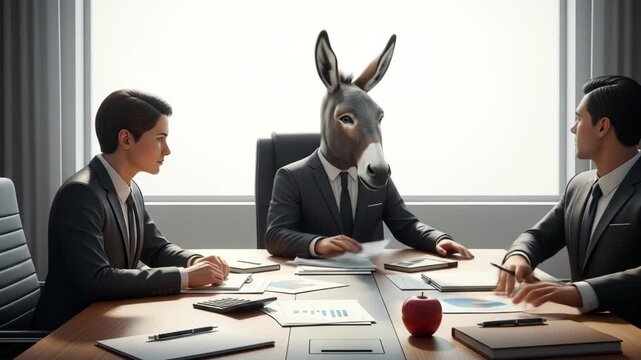 Donkey-headed businessman leads a corporate meeting with two colleagues in a modern office setting, discussing important documents and strategies.
