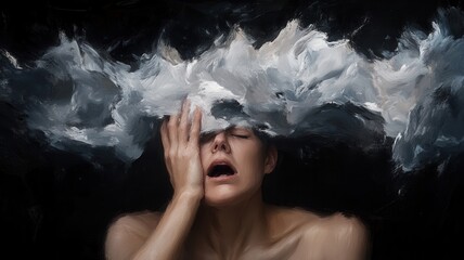 Person's head covered by stormy clouds and lightning, symbolizing mental overthinking anxiety, stress