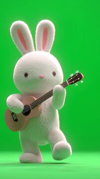 Cartoon bunny plays ukulele against green background for commercial use