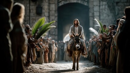 Fototapeta premium Jesus riding a donkey during entry into jerusalem, surrounded by people holding palm palm branches, celebrating sunday