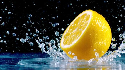 Half lemon creating dynamic water splash, a fresh and zesty citrus fruit element living for concepts healthy