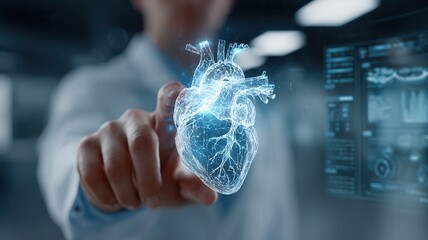 Healthcare professional interacting with digital human heart hologram for advanced medical and future diagnostics health