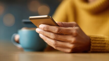 Person browsing internet on smartphone, using mobile app, searching information, networking, online communicating in cafe