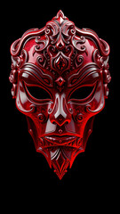 Vector illustration of a scary red human skull with wings and a dark heart mask featuring evil devil horns and horror monster elements for a black death metal tattoo or Halloween skeleton art
