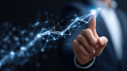 Business person hand interacting with glowing digital network graph success growth financial data showing