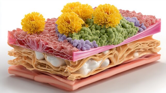 Flat oncology illustration of soft tissue sarcoma showing muscle layer tumor mass connective tissue muted tones anatomical realism educational layout