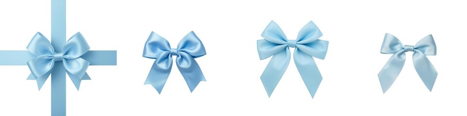 Light blue ribbon satin bow curly scroll set isolated on a white background. Full depth of field.