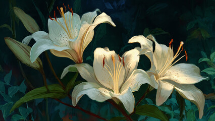 white lilies on dark background 