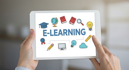 Hands holding tablet with elearning icons on screen for online education