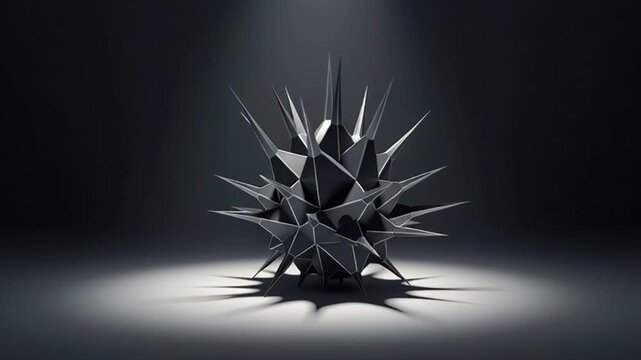 Dramatic 3D rendering of shattered metallic object under spotlight