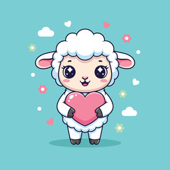 Obraz premium Cute cartoon sheep holding a pink heart on a blue background.