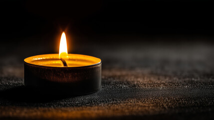 Candle flame glowing in darkness on black textured surface  