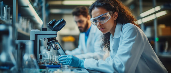 Specialists in the laboratory examine microorganisms under a microscope, embodying scientific progress, which will form the main backdrop for materials on medical or biotechnological discoveries.