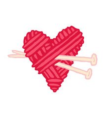 Red knitted yarn heart pierced by knitting needles. Cozy handmade illustration symbolizing love, passion, craft and Valentine&rsquo;s Day.