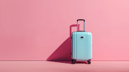 A light blue travel suitcase standing against a pink pastel wall in a minimalist setting, conveying modern travel lifestyle and colorful aesthetics.