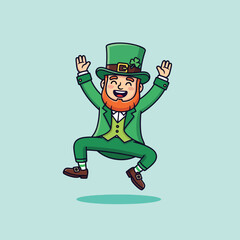 Happy cartoon leprechaun jumping with joy celebrating Saint Patricks Day.