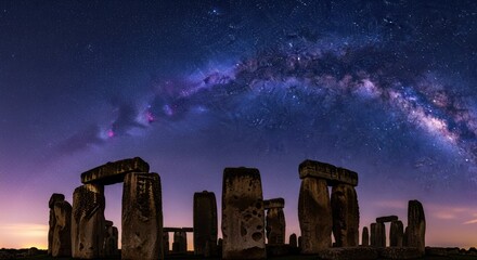 Ancient stones under vibrant starry night sky landscape at dusk