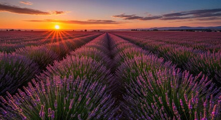 Lavender field rows at beautiful sunset landscape scenery aroma bloom