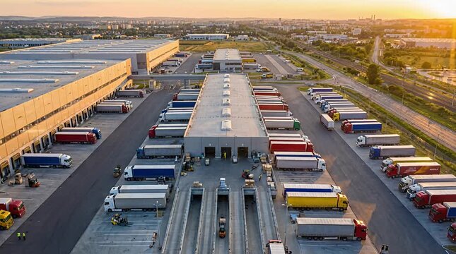 Aerial view of a large logistics center with many trucks parked and loading docks open, warehouse complex.