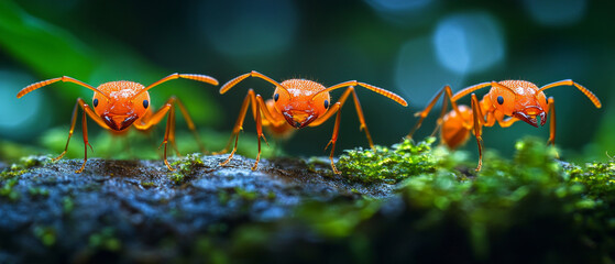Three bright ants on a mossy surface emphasise the importance of ecology and nature as an atmospheric backdrop for educational materials on biodiversity.