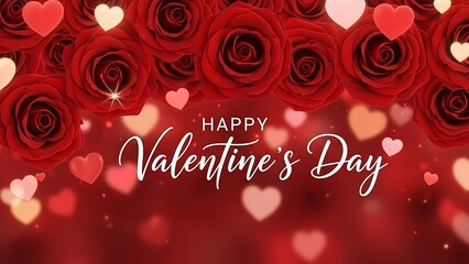 Happy Valentine's Day text on a beautiful background of red roses and shimmering pink and white bokeh hearts
