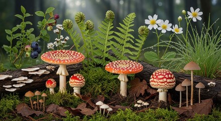 Forest floor with mushrooms, berries, ferns, and mossy log background