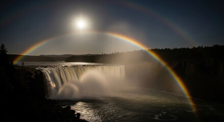 Waterfall view at night, rainbow under the moon in the landscape