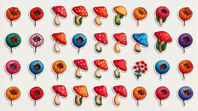 Illustration of assorted colorful daisy flowers and toadstool mushrooms in sticker design for decorative elements