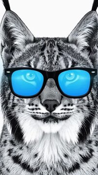 Lynx portrait with blue sunglasses, a close-up of the wild animal, feline mammal with a cool stylish look, isolated over white