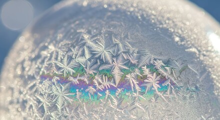 Icy sphere with frost crystals and spectral colors, close-up detail