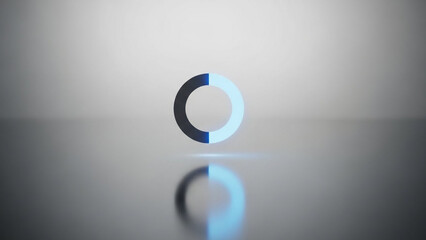 A modern circular logo with a blue and black design on a reflective surface
