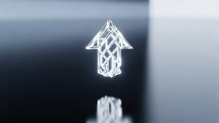 A glowing white arrow made of geometric shapes points upwards on a dark background