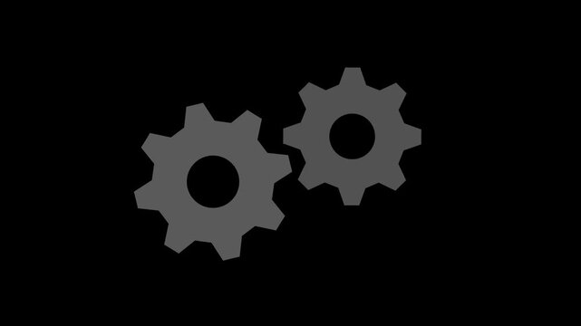 Two setting icon interconnected gears rotating outline 2D object doodle animation. Rotating gear animation featuring Two dark gray matte gears spinning continuously on black background ,