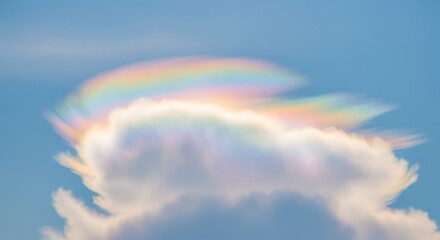 Iridescent cloud with rainbow coloring against a bright blue sky