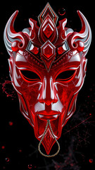 Scary horror illustration of a devil skull with wings on a dark red background featuring a dead demon mask and black vector art for a traditional evil Halloween tattoo or carnival costume head