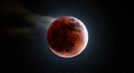 Total lunar eclipse red moon with starry background.