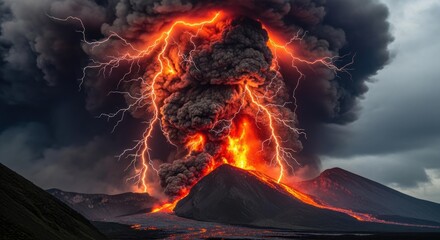 Erupting volcano spewing lava with lightning strikes during daytime