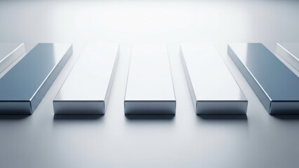 A close-up view of shiny metal piano keys on a sleek surface with soft lighting