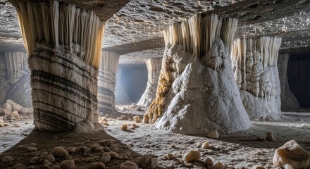 Unique underground cave with mineral formations and rock pillars