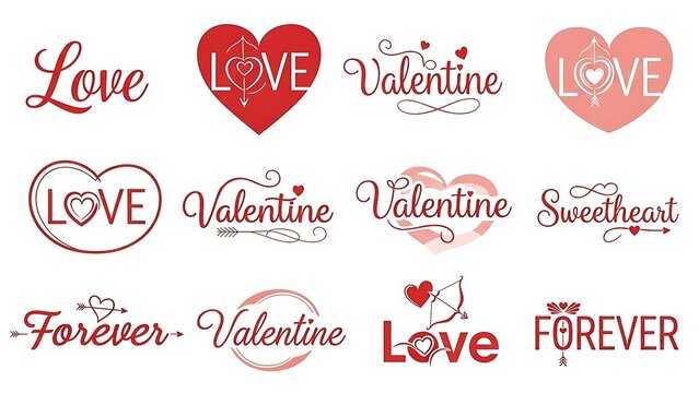 Collection of Valentine's Day typography logos and stamps featuring love, sweetheart, and forever themes with heart and arrow motifs