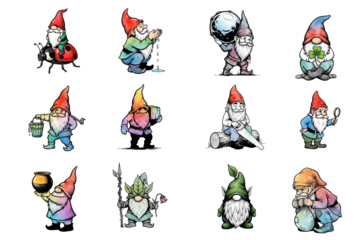 Twelve Unique Garden Gnomes with Colorful Designs